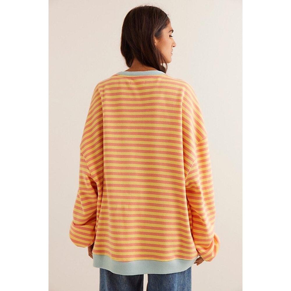 New Free People Classic Striped Oversized Crewneck In Orange Combo Women's Sz M - Picture 2 of 7
